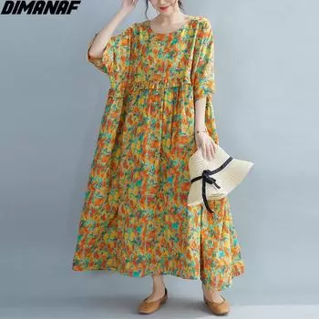 DIMANAF 2021, летнее платье больших размеров, женский сарафан, пляжный плиссированный модный длинный принт с принтом, Vestidos, льняное повседневное свободное свободное платье больших размеров