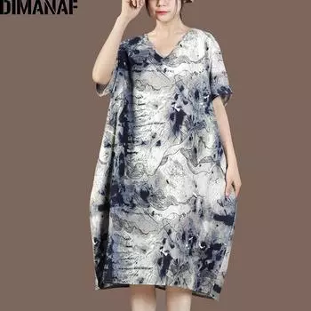 DIMANAF 2021, летнее платье больших размеров, винтажное пляжное платье с цветочным принтом, женское длинное платье из хлопка и льна, большие размеры 5XL 6XL One Size серый