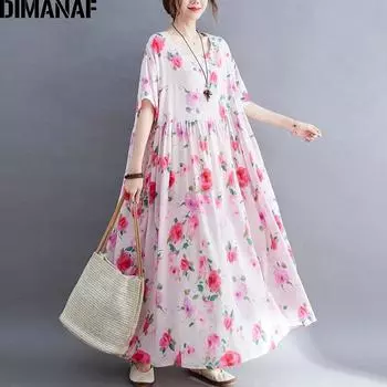 DIMANAF 2021 летнее платье большого размера, женская одежда, сарафан, женское длинное платье с цветочным принтом, шикарное праздничное свободное повседневное хлопковое платье