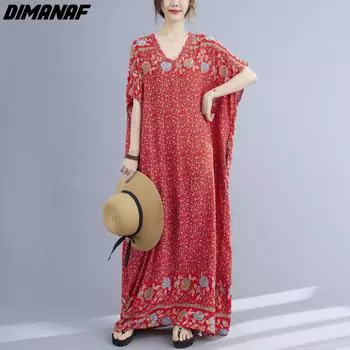 DIMANAF 2021 летнее платье большого размера, женская одежда, сарафан, длинное платье с цветочным принтом, пляжное праздничное женское повседневное льняное свободное платье 5131 One Size красный
