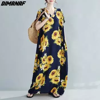 DIMANAF 2021 Летнее платье Оверсайз Женская одежда Сарафан Цветочный принт Длинное платье Пляж Отдых Леди Повседневная хлопок Свободное платье 9359