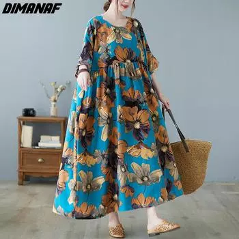 DIMANAF 2021 летнее платье оверсайз женский сарафан большого размера с цветочным принтом свободное повседневное праздничное элегантное женское длинное платье