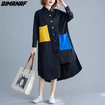 DIMANAF 2021, летнее платье-рубашка, женское платье больших размеров, сарафан в стиле пэчворк, кардиган, длинное льняное платье трапециевидной формы, элегантная женская повседневная свободная одежда больших размеров