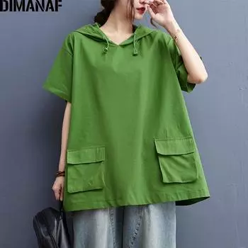 DIMANAF 2021, летние женские толстовки больших размеров, хлопковый пуловер, женские топы, рубашки, свободные повседневные карманы, одежда оверсайз One Size зелёный