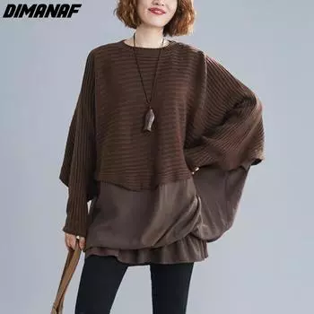 DIMANAF 2021, осенний свитер больших размеров, женские топы и футболки с длинным рукавом, вязаный пуловер с круглым вырезом, лоскутные пуловеры, эластичные модные свободные One Size чёрный
