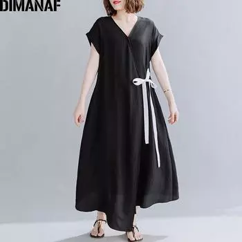 DIMANAF 2021 Плюс Размер Летнее платье Женщины Элегантная Леди Вестидос Длинное платье Черный с поясами A-Line Макси Платье Женская одежда