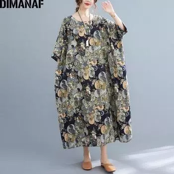 DIMANAF 2021 Платье женское больших размеров Винтажный цветочный принт Пляжный отпуск Летний сарафан Платье Свободное Длинное платье Оверсайз 5XL 6XL One Size чёрный