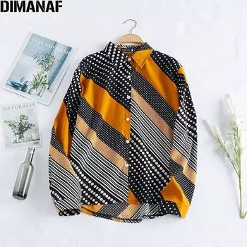 DIMANAF 2021 Женская блузка оверсайз женская черная в горошек в стиле пэчворк в клетку с длинными рукавами Тонкая модная блузка XL-5XL