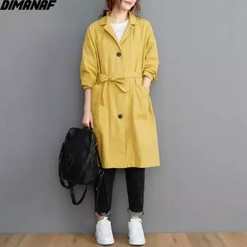 DIMANAF 2021 женское осеннее пальто, куртка с однотонным поясом, длинный кардиган с открытой вышивкой, женский повседневный винтажный базовый ветровк... XL чёрный