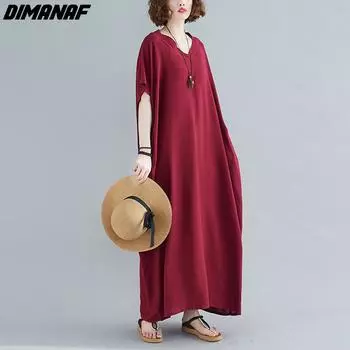 DIMANAF 2021, женское платье больших размеров, богемный пляжный летний сарафан в Корейском стиле, однотонное платье макси, свободный дизайн, повседневное длинное платье One Size чёрный