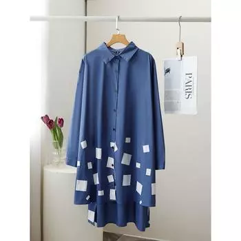 DIMANAF 2022, блузки и рубашки больших размеров, клетчатая осенняя модная блузка большого размера с длинными рукавами и асимметричным подолом One Size синий