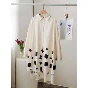 DIMANAF 2022, блузки и рубашки больших размеров, клетчатая осенняя модная блузка большого размера с длинными рукавами и асимметричным подолом One Size бежевый