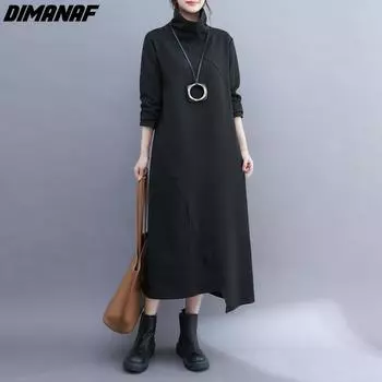 DIMANAF 2022 Большие размеры, осенние хлопковые толстовки и свитшоты в стиле пэчворк, водолазка, длинная повседневная женская базовая одежда, серое платье с длинными рукавами