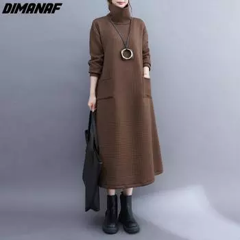 DIMANAF 2022 Большие размеры, осенние хлопковые толстовки и свитшоты, полосатая водолазка, длинное повседневное женское базовое серое платье с длинными рукавами