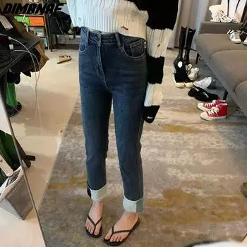 DIMANAF 2022, джинсы больших размеров, осенние женские базовые тонкие эластичные брюки, свободные повседневные модные женские синие длинные джинсы 4XL