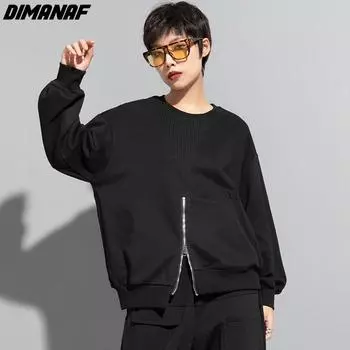DIMANAF 2022 Хлопковые толстовки и толстовки Новая осень Молния Карманы Повседневные женщины Мода с длинным рукавом Черные топы