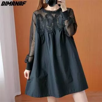 DIMANAF 2022 летнее стильное платье оверсайз женское кружевное сексуальное свободное свободное асимметричное подол с круглым вырезом женское черно-белое повседневное платье M чёрный