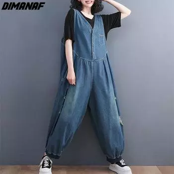 DIMANAF 2022 летние джинсы, длинные брюки, комбинезоны, женские базовые брюки, шаровары на пуговицах, свободные повседневные джинсовые женские повседневные брюки, брюки L синий