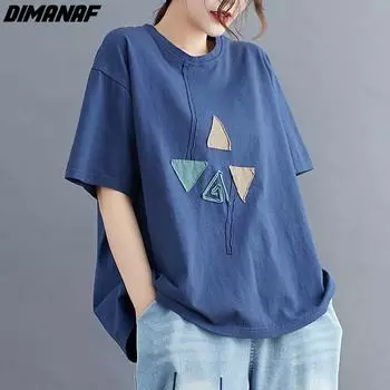 DIMANAF 2022, летняя повседневная женская футболка с коротким рукавом, хлопковые клетчатые винтажные тонкие топы, футболки больших размеров, свободные белые, синие L синий