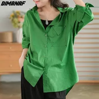 DIMANAF 2022 Новая блузка больших размеров Осенний стиль Повседневная однотонная женская базовая льняная рубашка с длинным рукавом Белый кардиган Зеленые рубашки Топы Свободные футболки L зелёный