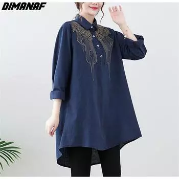 DIMANAF 2022 Новая осенняя льняная Повседневная блузка больших размеров с цветочным принтом, женские базовые синие рубашки с длинными рукавами, свободные футболки