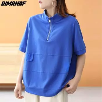 DIMANAF 2022 Новая женская футболка на молнии женская однотонная водолазка с круглым вырезом хлопковые свободные топы и футболки с короткими рукавами большого размера