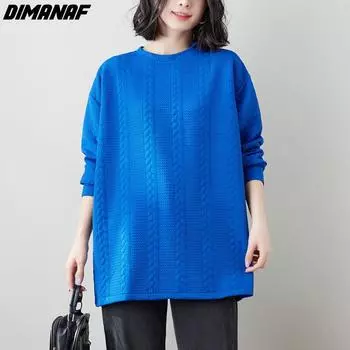 DIMANAF 2022, новинка, женские однотонные толстовки больших размеров, свободные карманы, повседневные осенние базовые топы с круглым вырезом, футболка 2022, новый пуловер синего цвета
