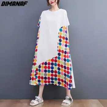 DIMANAF 2022 новое летнее женское длинное платье больших размеров, свободное хлопковое платье в горошек, красочное лоскутное элегантное модное платье макси трапециевидной формы