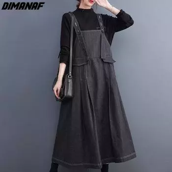 DIMANAF 2022 Новое осеннее стильное женское джинсовое платье без рукавов Модное свободное платье 2022 Длинное платье One Size чёрный