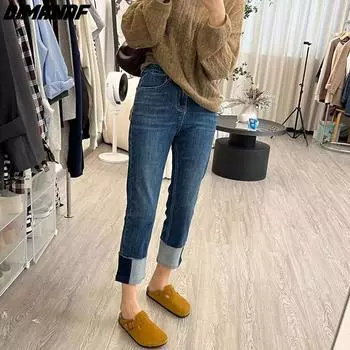 DIMANAF 2022 новые джинсы больших размеров, осенние женские базовые эластичные брюки, широкие брюки, свободные повседневные женские синие брюки, брюки