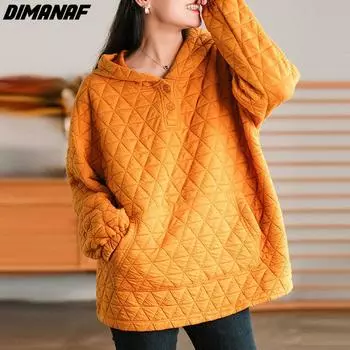DIMANAF 2022, новые толстовки больших размеров, куртка, женские теплые клетчатые пальто, повседневные осенние свободные пуговицы, короткие короткие оранжевые One Size жёлтый