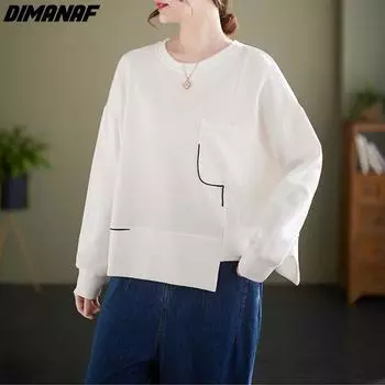 DIMANAF 2022, новые женские однотонные толстовки и свитшоты больших размеров, свободные повседневные осенние базовые топы с круглым вырезом, футболка 2022, новый пуловер серого цвета One Size белый
