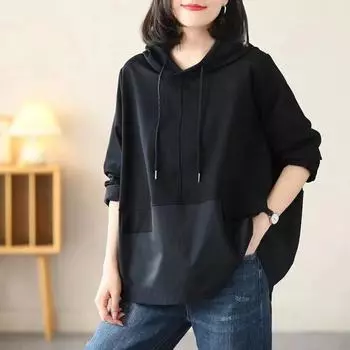 DIMANAF 2022, осенние толстовки, пуловеры, лоскутные топы, женские свободные повседневные синие, фиолетовые однотонные хлопковые топы оверсайз One Size чёрный