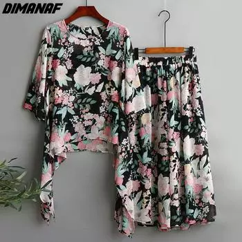 DIMANAF 2022 плюс размер комплект из двух предметов, женский шифоновый костюм Vinatge с принтом, элегантные женские топы, свободные брюки, женский костюм, летний