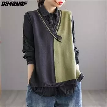 DIMANAF 2024 свитера осенний шерстяной жилет без рукавов с V-образным вырезом повседневный женский базовый жилет пэчворк одежда большой 2022 новый One Size зелёный