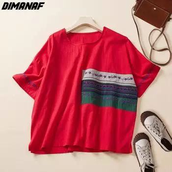 DIMANAF 2022, женская футболка больших размеров, повседневные топы с рисунком, льняная свободная летняя рубашка с круглым вырезом и коротким рукавом XL красный