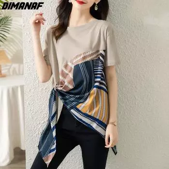 DIMANAF 2022 Женская футболка больших размеров Повседневные топы Комбинированные рубашки Свободная летняя рубашка большого размера с коротким рукавом
