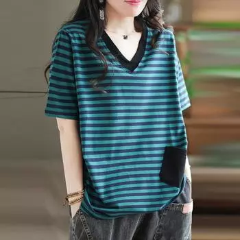 DIMANAF 2022, женская футболка больших размеров, полосатые женские хлопковые свободные топы с v-образным вырезом и футболки с короткими рукавами, зеленый, синий L чёрный