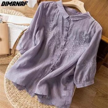 DIMANAF 2022, женская футболка больших размеров, женская льняная блузка с круглым вырезом, свободная рубашка с короткими рукавами и цветочной вышивкой, топы и футболки фиолетового цвета