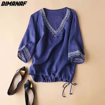DIMANAF 2022 женская футболка больших размеров с v-образным вырезом, повседневные топы, сращенные рубашки, свободная летняя рубашка с коротким рукавом и принтом XL синий