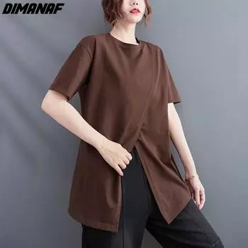 DIMANAF 2022, женская футболка больших размеров с разрезом, повседневные однотонные топы, хлопковые свободные черные рубашки с круглым вырезом, летняя рубашка с коротким рукавом XXL коричневый