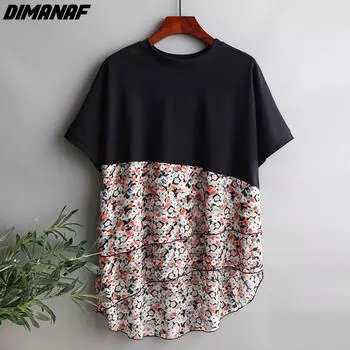 DIMANAF 2022 женская футболка женские лоскутные цветы шифон с круглым вырезом оверсайз хлопок свободные топы и футболки с короткими рукавами