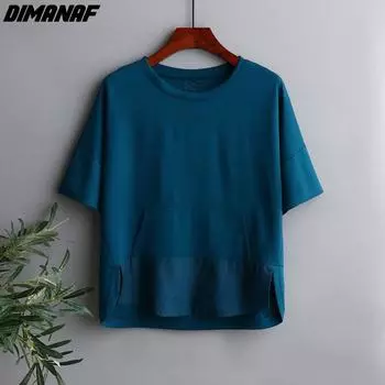 DIMANAF 2022 Женская футболка Женские однотонные хлопковые свободные топы с короткими рукавами и футболки с круглым вырезом One Size синий