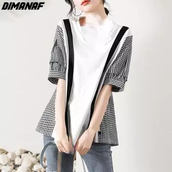 DIMANAF 2022, женская лоскутная футболка больших размеров, женские хлопковые свободные топы и футболки с круглым вырезом в клетку с короткими рукавами, черные