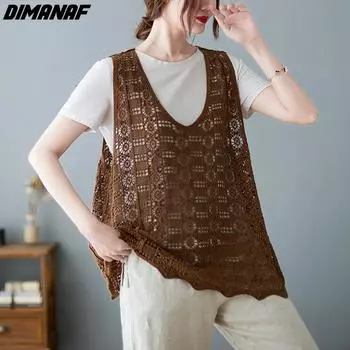 DIMANAF 2022 Женская вязаная футболка, жилет, женские свободные топы без рукавов с v-образным вырезом и футболки One Size чёрный