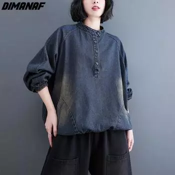 DIMANAF 2022, женские осенние джинсовые толстовки с длинными рукавами, пальто с надписью «летучая мышь», пуловер с принтом тай-дай, повседневный стиль, винтажные футболки оверсайз L чёрный