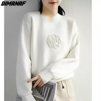 DIMANAF 2022, женские осенние толстовки с длинными рукавами, пуловер с цветочным принтом, повседневный стиль, хлопковые, черные, белые, новые топы большого размера, футболки