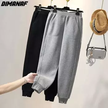 DIMANAF 2022 Зимние женские брюки-шаровары больших размеров, флисовые брюки, базовые брюки, утепленные свободные повседневные женские серые брюки, брюки большого размера 4XL чёрный