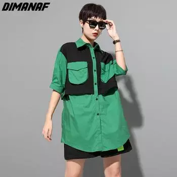 DIMANAF 2023 Блузка больших размеров, новая летняя стильная повседневная рубашка, женская лоскутная женская свободная рубашка зеленого цвета
