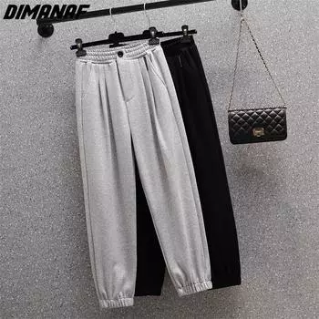 DIMANAF 2023 Большие размеры длинные брюки женские эластичные свободные винтажные однотонные хлопковые свободные повседневные брюки с высокой талией женские базовые брюки 4XL чёрный